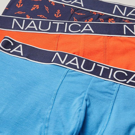 Nautica Men's 3-Pack Classic Cotton Stretch Boxer Briefs, Orange Poppy/Aero Blue/Anchor-Peacoat, S (Pack of 3)