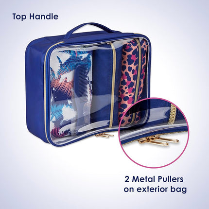 Conair 5 Piece Toiletry and Cosmetic Bag Set Under $30, Includes 4 Makeup Bags and 1 Travel Comb in Blue Palm Prints