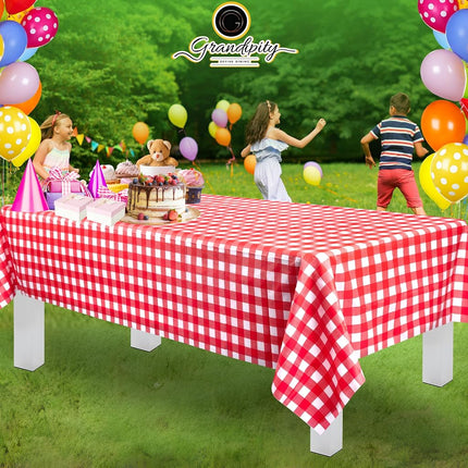 Red Gingham Checkered 12 Pack Premium Disposable Plastic Picnic Tablecloth 54 Inch. x 108 Inch. Rectangle Table Cover By Grandipity