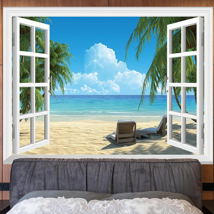 FLFK Fake Window Wall Sticker - Summer Beach Faux Window Wall Mural for Wall Decor, Stick and Peel Wall Decals, 80"x60", Set of 5 Sheets