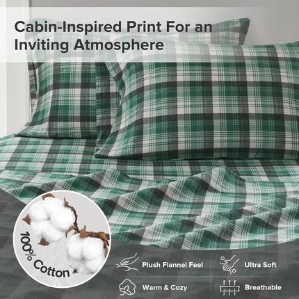 WOOLRICH Cotton Sheet Set Cottage Charms Print, 100% Cotton Flannel Sheets Warm & Fuzzy Bedding Set Queen Size Sheets, Fitted Pocket Fits Up to 14" Mattress, Queen Green Plaid, 4 Piece