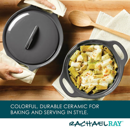 Rachael Ray Solid Glazed Ceramics Casserole Bakeware/Baker Set with Shared Lid, 3 Piece, Dark Gray