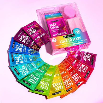 Freeman Facial Love To Mask Lot découverte : Masque à l'argile absorbant l'huile, Charbon détoxifiant, Masque Peel Off purifiant, Masque-crème gel hydratant, Gommage exfoliant (Kit de 14 pièces avec accessoire tampon et bandeau bonus)