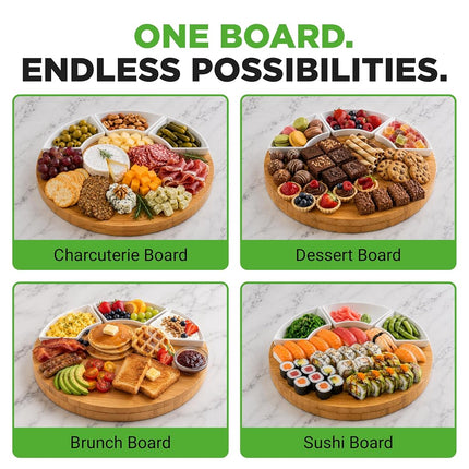 NutriChef Bamboo Cheese Board & Knife Set, Charcuterie Boards, Swiveling Serving Board, Cheeseboard Gift Set, Grazing Board Platter, Extra Large Round Plate w/ 3 Ceramic Bowls, Chalk & Slate Labels