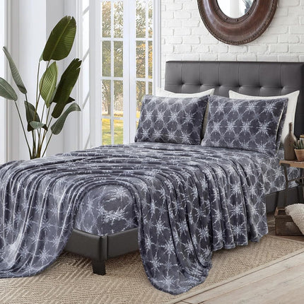 Elegant Comfort Luxuriously Soft 4-Piece Holiday Velvet Plush Flannel Sheet Set - Premium Quality - Cozy Warm, Christmas Fuzzy Velvet Flannel Fleece Deep Pocket Sheet Set - Cal King, Gray Snowflake