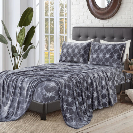 Elegant Comfort Luxuriously Soft 4-Piece Holiday Velvet Plush Flannel Sheet Set - Premium Quality - Cozy Warm, Christmas Fuzzy Velvet Flannel Fleece Deep Pocket Sheet Set - Twin XL, Gray Snowflake