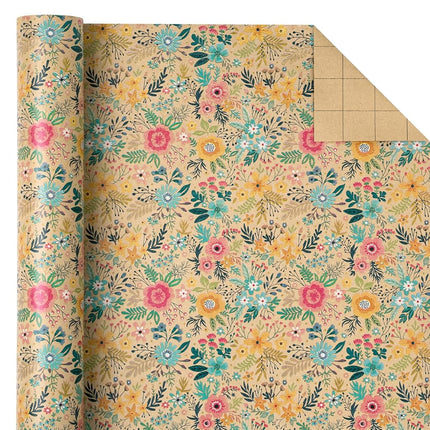 WRAPAHOLIC Jumbo Kraft Floral Wrapping Paper Roll - 30 Inch x 33 Feet - Spring Summer Garden Flower Design Perfect for Wedding, Bridal Shower, Birthday