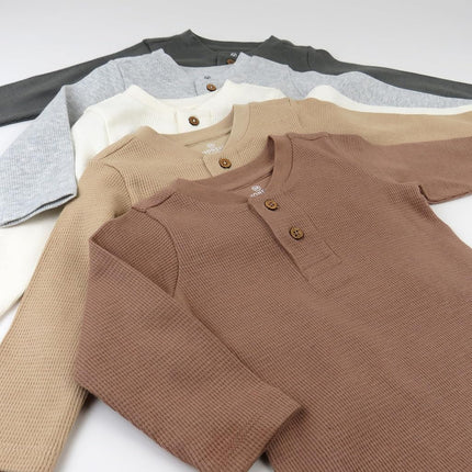 HonestBaby 5-pack Waffle Henley Long Sleeve Shirts 100% Organic Cotton for Infant Baby and Toddler Boys, Unisex, Sandstorm, 0-3 Months