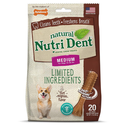 Nylabone Nutri Dent Dog Dental Chews - Natural Dog Teeth Cleaning & Breath Freshener - Dental Treats for Dogs - Filet Mignon Flavor, Medium (20 Count)