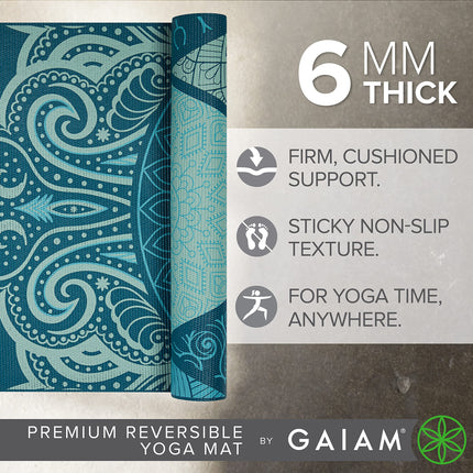 Gaiam Yoga Mat Premium Print Reversible Extra Thick Non-Slip Exercise Fitness Mat for All Types of Yoga, Pilates and Floor Training, Sea Glass, 6mm