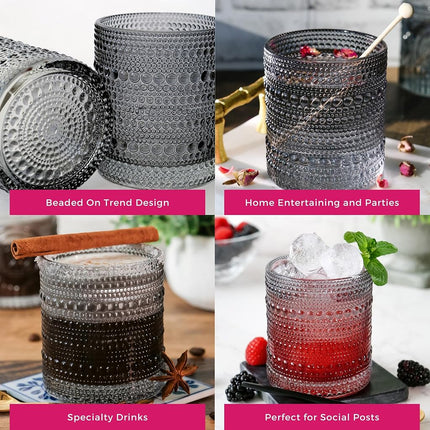 Kate Aspen Ribbed Hobnail Beaded Smoke Grey Drinking Glasses Set of 6, (10 oz) Vintage Glassware Set Cocktail Glass Set, Juice Glass, Water Cups | Hostess Gift & Present for New Home Owners