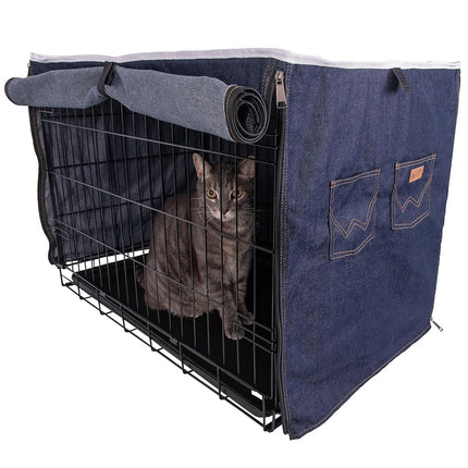 Wrangler Denim Dog Crate Cover – Durable, Breathable & Stylish Dog Kennel Cover with Rollable Panels & Front Pocket for Accesories - Machine Washable Crate Covers for Dog Cages (XXL)