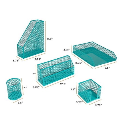 BLU MONACO | Dark Teal Desk Organizer Set | 5 Piece Metal Desk Accessories with Mail Sorter, Pen Cup, Sticky Note Holder, Magazine File, Paper Tray | Desk Organizers and Accessories