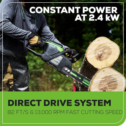 Greenworks 82V 16" Brushless (2.4 kW) Cordless Chainsaw (225 Cuts Per Charge), 4.0Ah Battery and Dual Port Rapid Charger (Great for Landscapers and Professionals