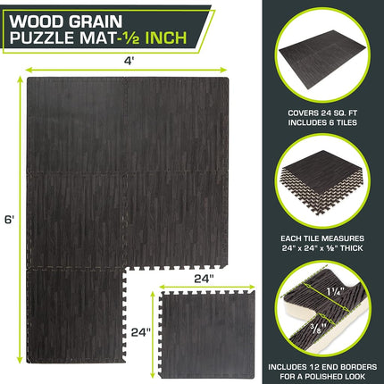 ProsourceFit Wood Grain Puzzle Mat 1/2-inch, 6 EVA Foam Interlocking Floor Tiles (24 SQ FT) for Secure Indoor Gym Flooring, Office Spaces, Living Rooms, and Play Areas, Carbon Black