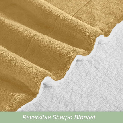 Manta Ultra Suave Reversible de Franela Sherpa Elegant Comfort - Manta Acogedora de Lana Sedosa para Sofá, Cama - Manta de Invierno Afelpada y Cálida para Regalo, Queen, Dorado