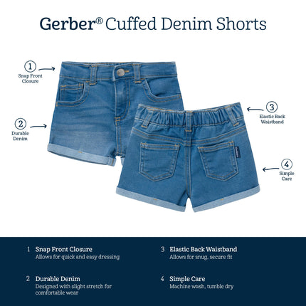 Short en jean retroussé Gerber pour bébés et tout-petits, délavage denim bleu clair, 3T