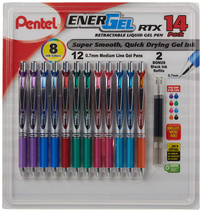 Pentel Energel Rtx Retractable Metal Tip Pen, 0.7 mm, 12 Assorted Colors with 2 Refills (BL77 °F14 °C) by Pentel