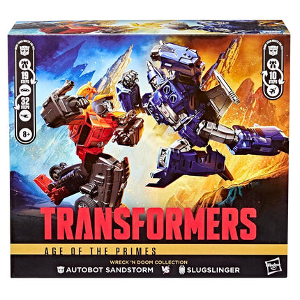 Transformers La Era de los Primes Colección Destrucción y Condena Pack de 2, Figuras de Acción de Autobot Sandstorm de 7.5 Pulgadas y Slugslinger de 5.5 Pulgadas, Juguetes Robot, 8+