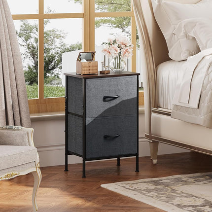 WLIVE Nightstand, Nightstand with 2 Drawers, Bedside Furniture, Night Stand, Small Dresser for Bedroom, College Dorm, End Table with Fabric Bins, Dormitory, Dark Grey, Size L