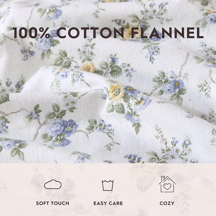 Laura Ashley Home | Flannel Collection Cotton Bedding Sheet Set, Pre-Shrunk & Brushed For Extra Softness, Comfort, and Cozy Feel, Twin, Le Fleur Cottage Blue