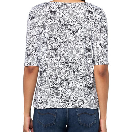 Gloria Vanderbilt Womens Alanis Boat Neck Knit Tee Shirt with Elbow Sleeves Standard, Vintage White/Black - Polynesian Nights, M
