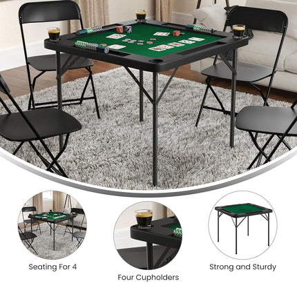 Flash Furniture Silas 34.5" Square Folding Card Table with Green Felt Playing Surface and Cup Holders, Portable Folding Game Table for 4 Players, Black/Green