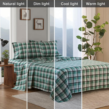 WOOLRICH Cotton Sheet Set Cottage Charms Print, 100% Cotton Flannel Sheets Warm & Fuzzy Bedding Set Queen Size Sheets, Fitted Pocket Fits Up to 14" Mattress, Queen Green Plaid, 4 Piece