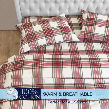 Elegant Comfort Soft 4-Piece 100% Turkish Cotton Flannel Sheet Set - Premium Quality, Deep Pocket Fitted Sheet, Ultra Soft, Cozy Warm and Anti-Pill Flannel Sheets - Full, Plaid Ivory