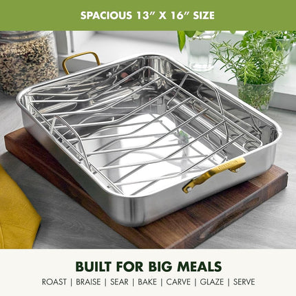 GreenPan Reserve 16" x 13" Tri-Ply Stainless Steel Roasting Pan with Roaster Rack, Multiclad Cookware, Induction Suitable, Stainless Steel Handles, Dishwasher & Oven Safe, Silver
