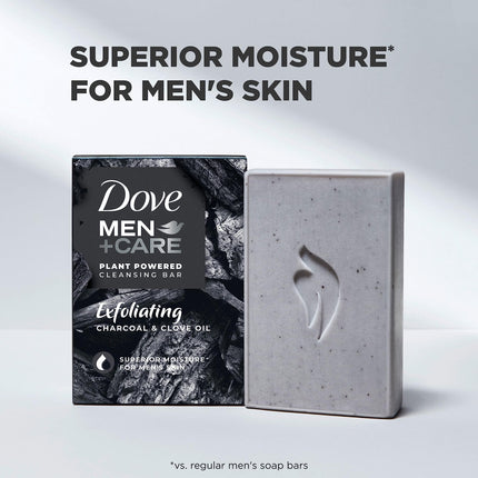 Dove Men + Care Jabón en Barra de Aceites Esenciales Naturales para Limpiar e Hidratar la Piel Masculina Carbón Exfoliante + Aceite de Clavo Jabón en Barra 4 en 1 para Cuerpo, Cabello, Rostro y Afeitado Masculino 141 g 4 unidades