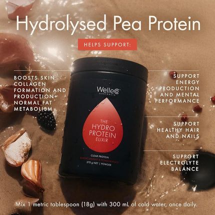 WelleCo The HydroProtein Elixir Plant‑Based Protein Powder, Vegan, Gluten‑Free, Electrolytes Hydration Powder Supplement, Naturally Sweetened, Blackcurrant & Pomegranate Flavor, 270g