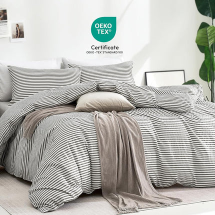 JELLYMONI 100% Natural Cotton 3pcs Striped Duvet Cover Sets,White with Grey Stripes Pattern Printed Comforter Cover,with Zipper Closure & Corner Ties(Queen Size)