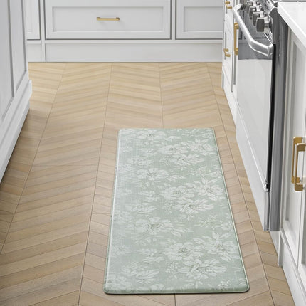 Laura Ashley - Anti-Fatigue Kitchen Mat, Iris Floral Design, Stain, Water & Fade Resistant, Cooking & Standing Relief, Non-Slip Backing, Measures 17.5" x 60", Sage Green Iris