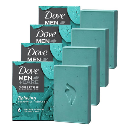Dove Men + Care Natural Essential Oil Bar Soap to Clean and Hydrate Men's Skin Relaxing Eucalyptus + Cedar Oil 4-in-1 Bar Soap for Men's Body, Hair, Face and Shave 141 g 4 count