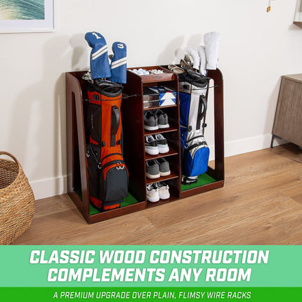 GoSports Premium Wooden Golf Bag Organizer and Storage Rack - Choose Your Style