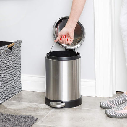 Glad Small Trash Can, 1.2 Gallon | Round Stainless Steel Garbage Bin with Soft Close Lid & Step Foot Pedal | Metal Waste Basket with Removable Inner Bucket, Stainless