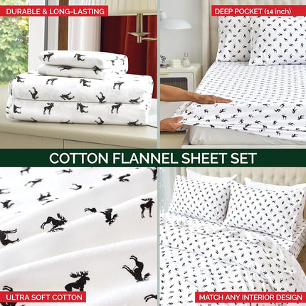 Elegant Comfort Ultra Soft 4-Piece 100% Turkish Cotton Flannel Sheet Set - Holiday Christmas Flannel Sheets, Warm and Cozy Premium Quality, Deep Pocket Fitted Sheet- Full, Black Elk