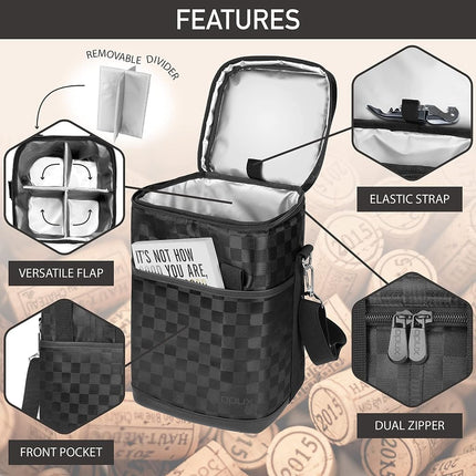 opux Wine Bag, 4 Bottle Wine Cooler Bag, Insulated Wine Tote Carrier for Travel Picnic BYOB, Leakproof Padded Portable Wine Bottle Bag for Wine Lovers Gift Women Men Christmas (Black Square)