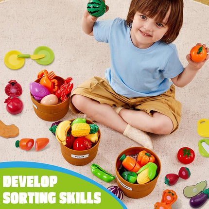JOYIN 69-Piece Montessori Play Food Set- Cutting Fruits & Vegetables Toys for Toddlers 3-5, Pretend Kitchen with Shopping Basket, Educational Sorting & Counting Games for Daycare. (BPA Free)