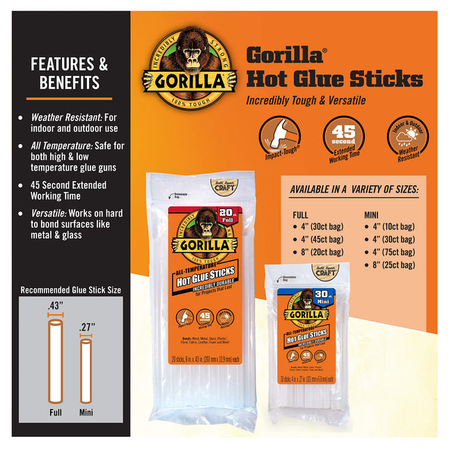 Gorilla Hot Glue Sticks, Mini Size, 4" Long x .27" Diameter, 75 Count, Clear, (Pack of 6)