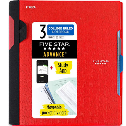 Cahier à spirale Five Star Advance Plus avec application d'étude, 3 sujets, papier ligné (réglure universitaire), 28 cm x 21,6 cm, 150 feuilles, avec protège-spirale et intercalaires repositionnables, rouge vif, 1 unité (73134)