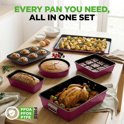 8-Piece Nonstick Stackable Bakeware Set - PFOA, PFOS, PTFE Free Baking Tray Set w/Non-Stick Coating, 450°F Oven Safe, Round Cake, Loaf, Muffin, Wide/Square Pans, Cookie Sheet (Plum)