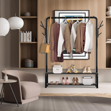 Simple Houseware Clothes Rack with Storage Shelf & Coat/Hat Hanging Hooks