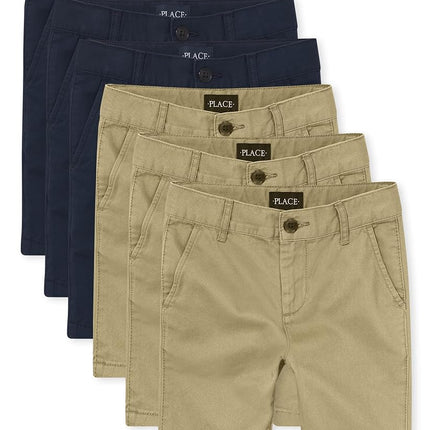 The Children's Place Boys Stretch Chino Shorts, Flax/New Navy 6-Pack, 5