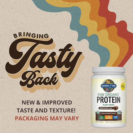 Garden of Life Raw Organic Protein Chocolate Powder, 20 Servings *Packaging May Vary* Certified Vegan, Gluten Free, Organic, Non-GMO, Plant Based Sugar Free Protein Shake with Probiotics & Enzymes