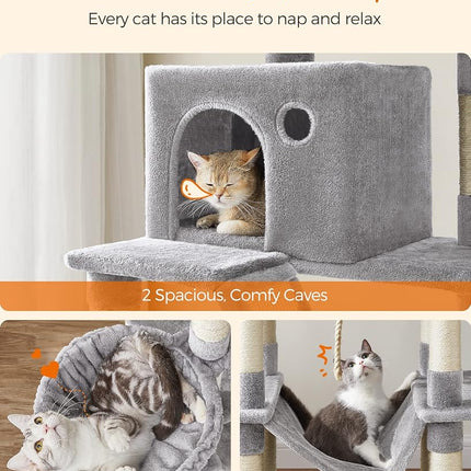 FEANDREA Cat Tree, 206 cm Large Cat Tower with 13 Scratching Posts, 2 Perches, 2 Caves, 1 Scratching Ramp, Basket, Hammock, Pompoms, Multi-Level Plush Cat Condo for Indoor Cats, Light Gray