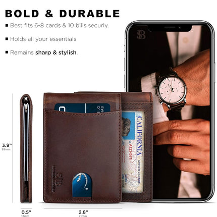 SERMAN Brands RFID Blocking Slim Bifold Genuine Leather Minimalist Front Pocket Wallets for Men with Money Clip Thin Gift, A. Texas Brown 1.s, Small