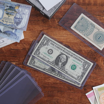 Uncle Paul 60 PCS Clear Paper Money Holder Currency Topload Holders, 6.8 x 2.9 Inch Transparent PVC Bill Protector, Banknotes Sleeves Currency Paper Money Protector Bag PN03L60