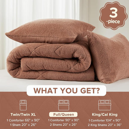 Ensemble de Couette Queen Size Comfort Spaces, Réversible, Ultra Doux, pour Lit Queen Size, Toutes Saisons, Léger, Polaire Sherpa, Ensemble de Lit Queen Size, Pleine/Queen, Marron, 3 Pièces